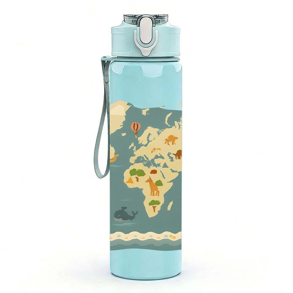 1PC Vintage World Map Ocean Continent 750ml Color Plastic Sports Water Bottle Leakproof Flip Straw Lid Suitable for Sports Office Home Use