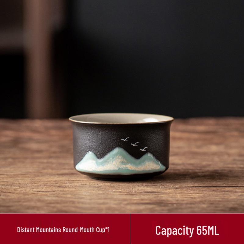 Hand-Painted Black Pottery Zen Tea Cup - Retro Mountain Design, Kung Fu Ceramic Masterpiece for Tea Tasting and Guest Reception.