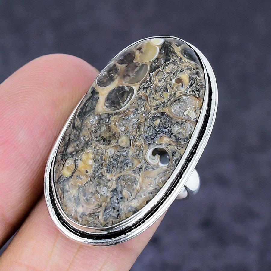 Turritella Fossil Gemstone Handmade 925 Sterling Silver Ring Size 7.5 Z3w38