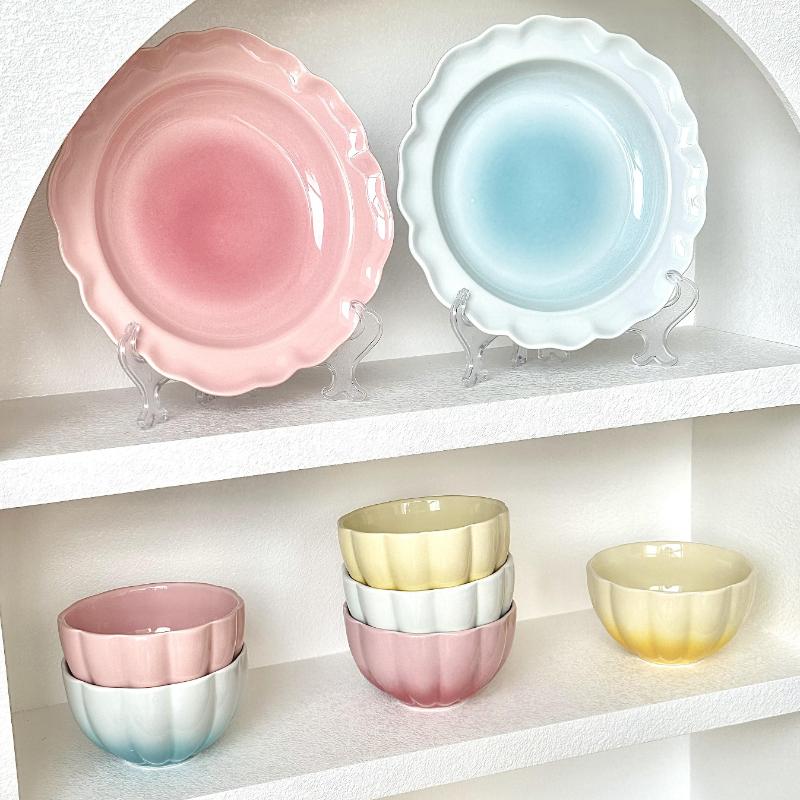 Cute Blush Gradient Korean Tableware Plate Dessert Fruits and Vegetables Plate Yogurt Rice Bowl Underglaze Ceramic Tableware Set