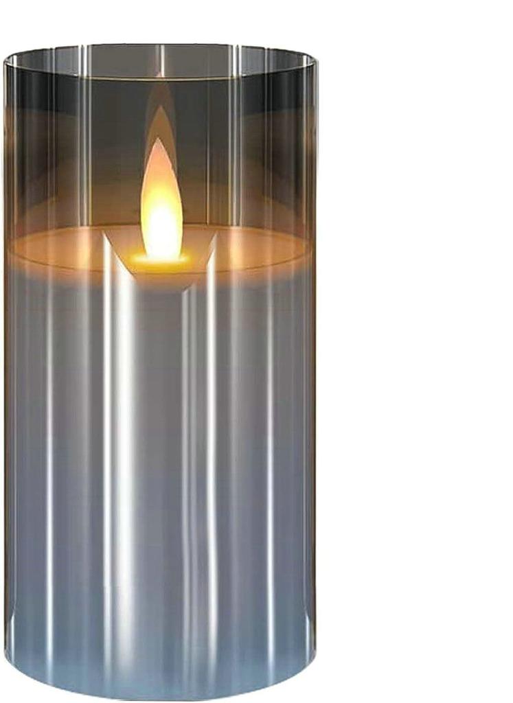 USB Rechargeable LED Flameless Pillar Candle set Flickering Moving Wick Paraffin Real Wax Remote controlled w/Timer-Grey Glass