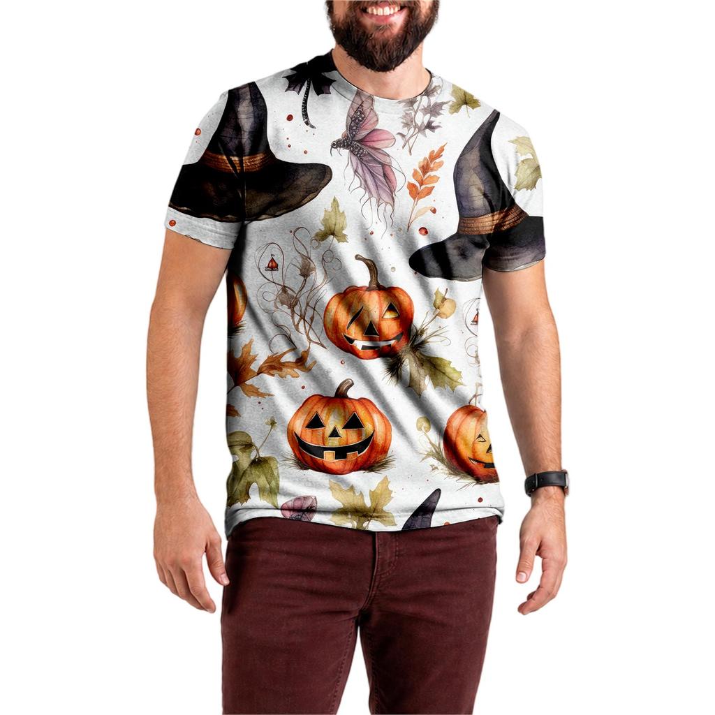 Halloween All Over Print T Shirt, Cute Pumpkin Graphic Tee for Women Men