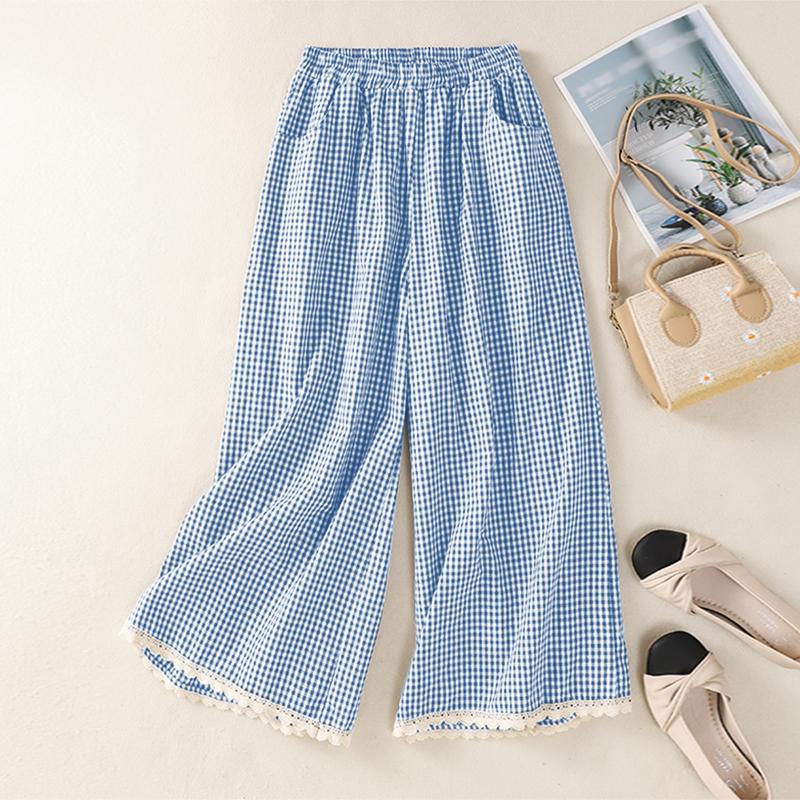 

ZANZEA Женские повседневные брюки с эластичной талией, свободные, с принтом в клетку 2XL синий