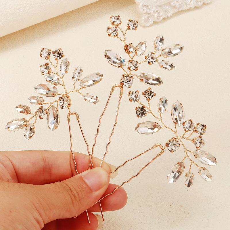 

3Pcs Crystal Bride Elegant Hair Pins Fashion Leaves Rhinestones Hairpin Headwear For Women Party Jewelry Hair Accessories A2