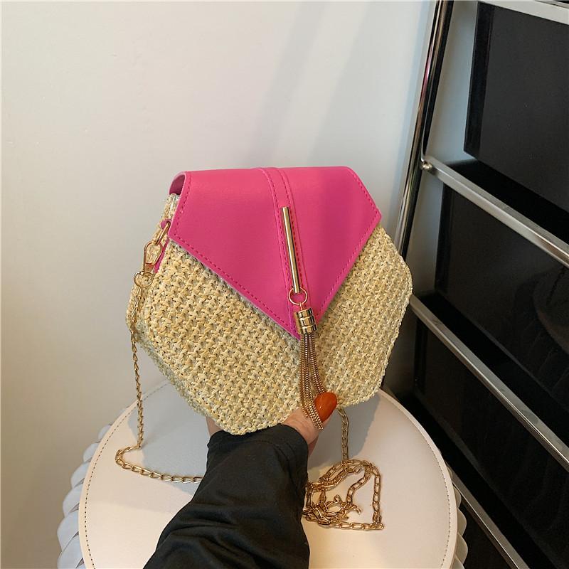 

Summer Straw Bag Women Hexagon Chain Crossbody Bag Handmade Weaven Shoulder Bag Fashion Tassel Messenger Bag 20.5x6.5x19cm