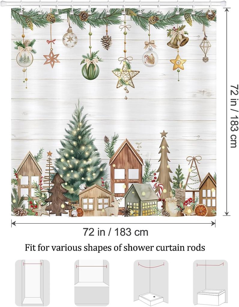 Christmas Shower Curtain, Winter Xmas Tree Wooden Cabin Gifts Rustic Farmhouse Bathroom Decor Polyester Fabric Waterproof Bath