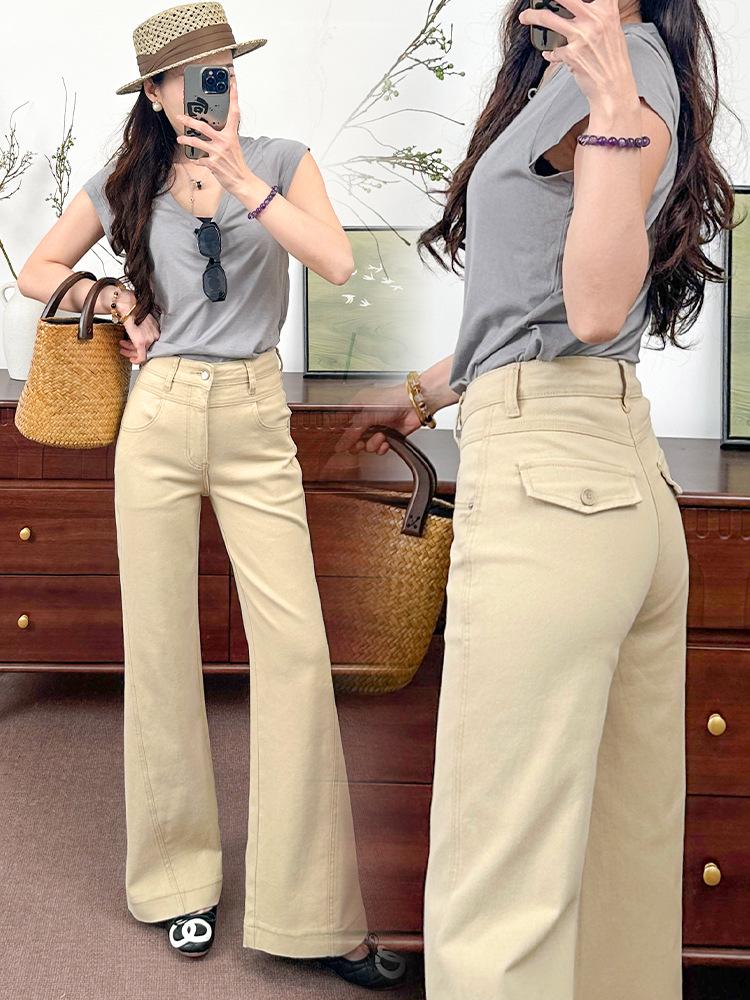 Spring 2026 Korean-Style High Waist Milk Tea Wide Leg Flare Jeans for Women