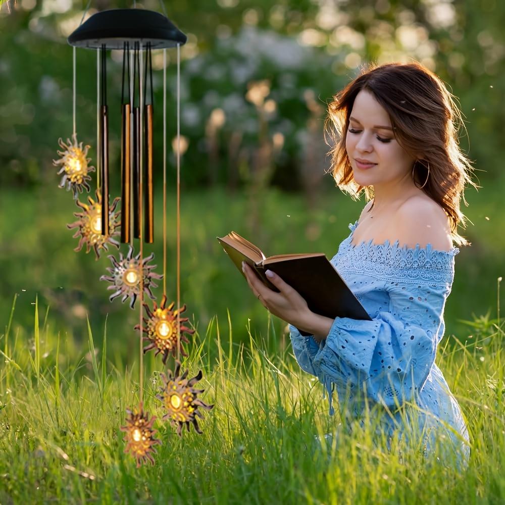 Solar-Windspiel mit Sonne, Mond und Sternen-Design 6 Stück LED Außen-Hängeleuchten für Hof und Garten, Solarbetriebene Windspiele,