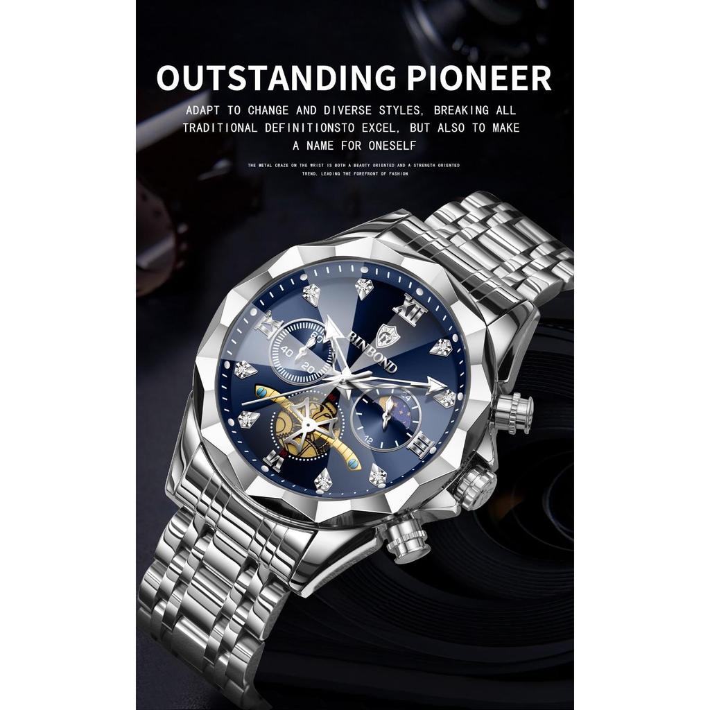 BINBOND Luxury Men Watch Top Original Waterproof Luminous Chronograph Man Wristwatch Stainless Steel Quartz Watches