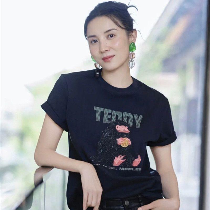 

Lareina Print Black Spring/Summer Short Sleeve T-Shirt Black S