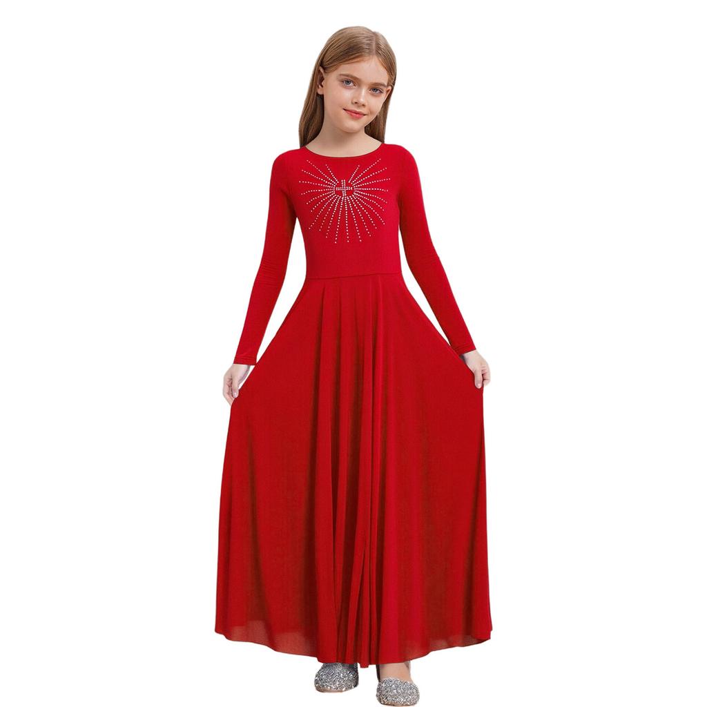Glittery Rhinestone Church Choir Dress for Girls: Round Neck Long Sleeve A-line Maxi for Liturgical Worship Dance