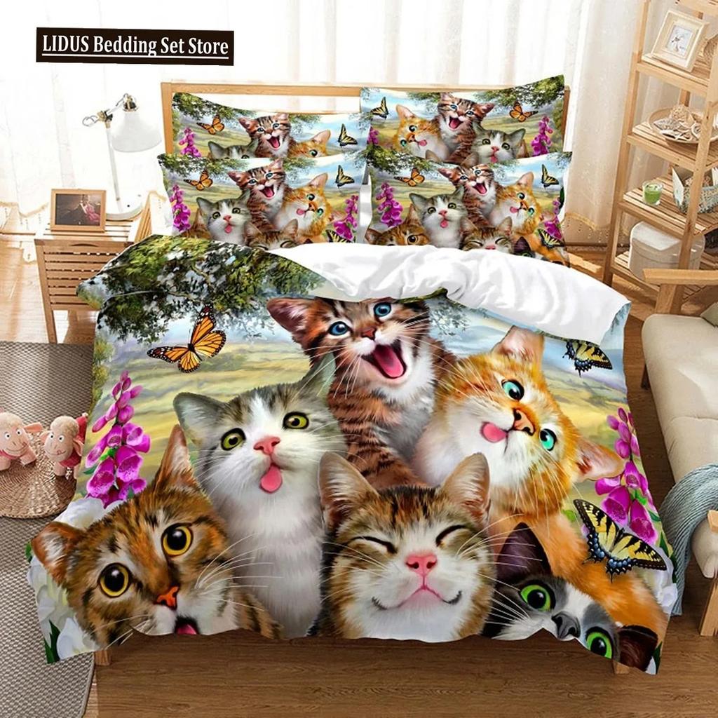 3D Cat Cute Kitten Pattern Duvet Cover Cat Kids Bedroom Decoration Cat Bedding Set For Women Girls Boys Gifts With Zipper 3pcs