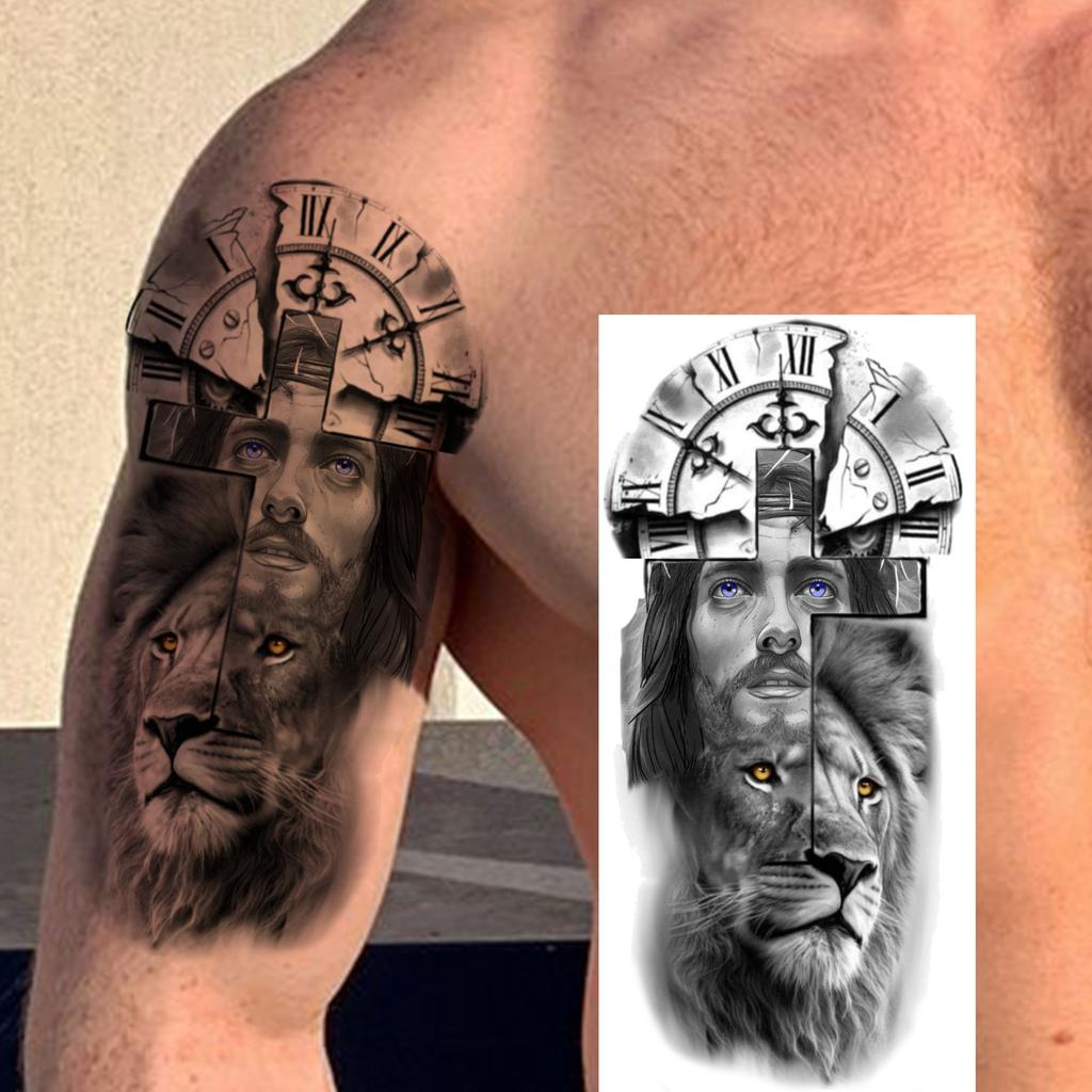 1 Sheet Waterproof Jesus With Cross Thorn Temporary Tattoos For Men Women Realistic Zeus Warrior Tatoos Temp Fake Tattoo Sticker