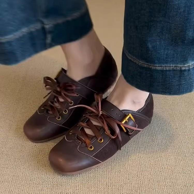 

Sheepskin version~ retro strap belt buckle sports ballet shoes women s summer new flat-bottomed round head shallow mouth single shoes 40 коричневый