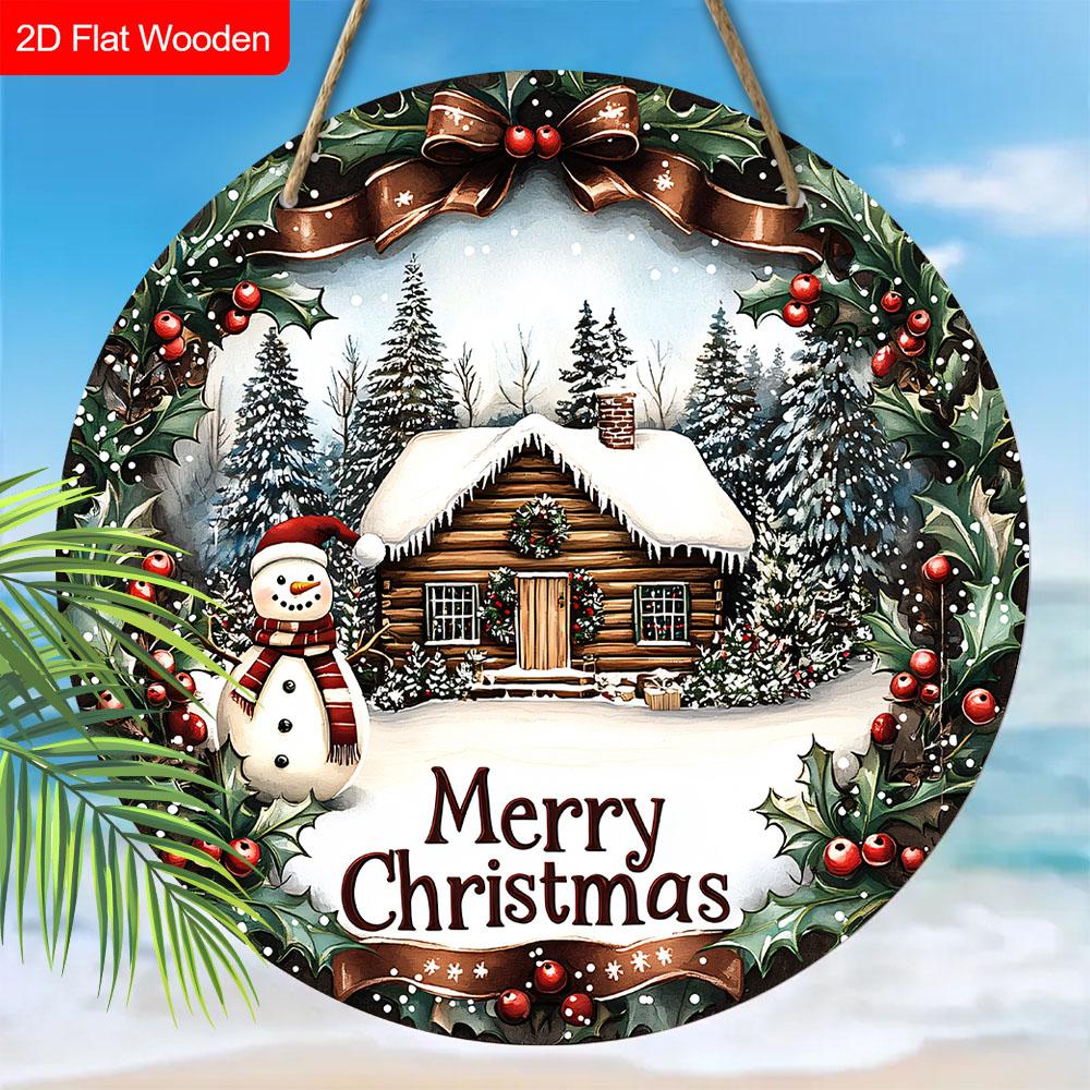 Wooden Christmas Sign with Snowman & Snow House Pattern - Navidad Round Sign for Front Door, Wall Hanging Decor - Ideal Christmas Decoration
