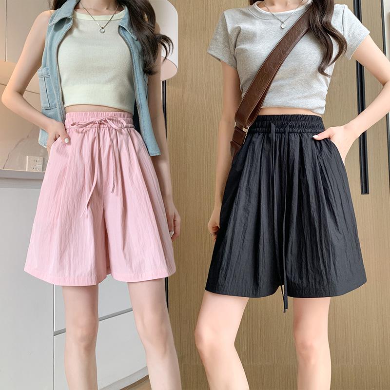 Women's High Waist Ice Silk Wide-Leg Shorts - Summer Casual, Slimming, Loose Fit, Mid-Length