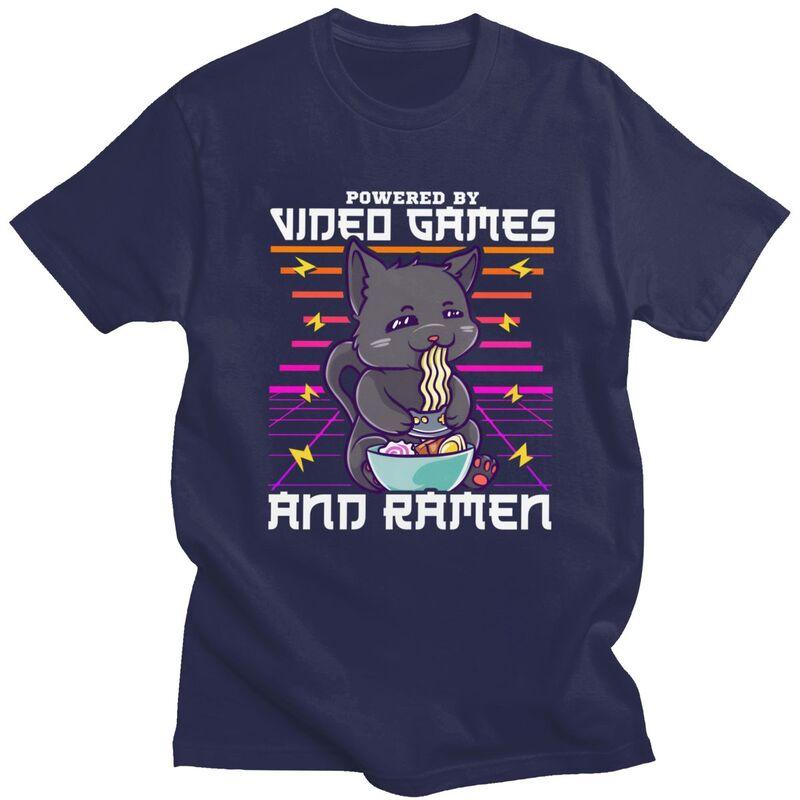 Powered By Video Games Ramen Anime Cat T Shirts Men 100 Cotton Tees Fathers Day Gift Tshirts ShortSleeve Tshirt Clothes
