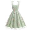 Damen Weiß Vintage Hepburn Stil Bestickt Spaghettiträger Maxikleid Schnürung Krawatte Taille A-Linie Elegant Abend Cocktailparty Kleid