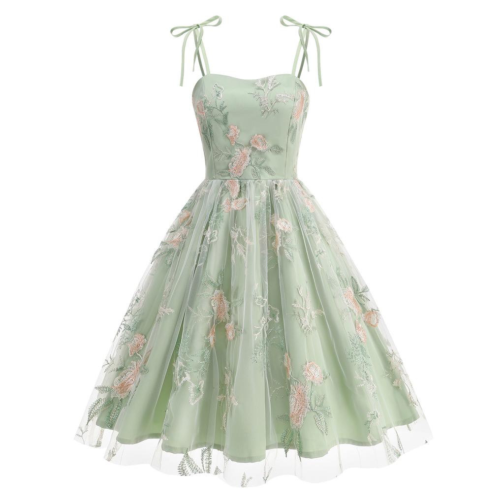 Damen Weiß Vintage Hepburn Stil Bestickt Spaghettiträger Maxikleid Schnürung Krawatte Taille A-Linie Elegant Abend Cocktailparty Kleid