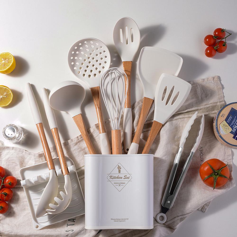 11-Piece Silicone Kitchen Utensil Set with Solid Wood Handles