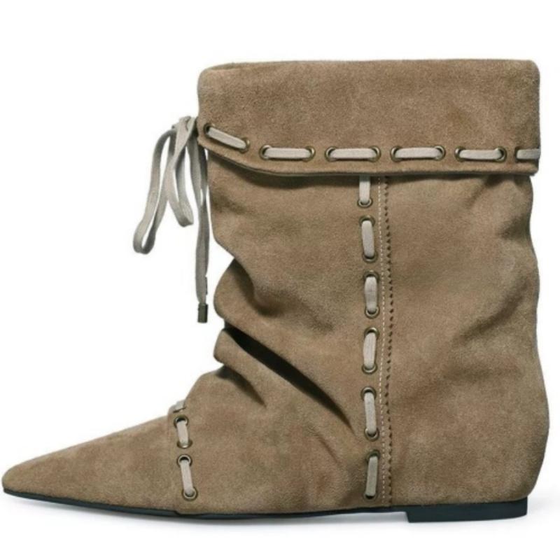 Fashion Wrinkle Style Women's Ankle Boots Pointed Toe Flat Cross-tied Femme Short Boots Winter New Retro Niche Lady Western Cowboy Boots