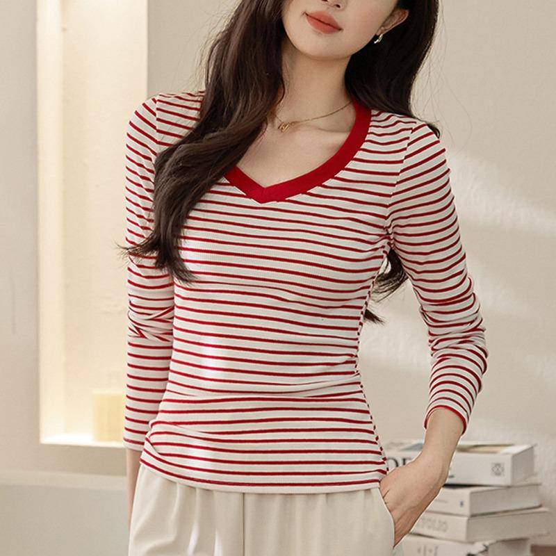 Women S V Neck Striped Long Sleeve Slim Fit T Shirt
