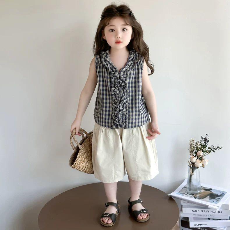 Girl's Sleeveless Wide Leg Pants Set Summer Fashion Versatile Checkered Casual Set for Girls