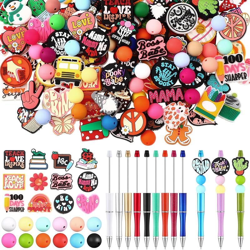122 Pcs Silicone Focal Beads for DIY Pens Making Kit Include 12 Beadable Pens 110 Silicone Focal Beads for Pen Keychains DIY Making
