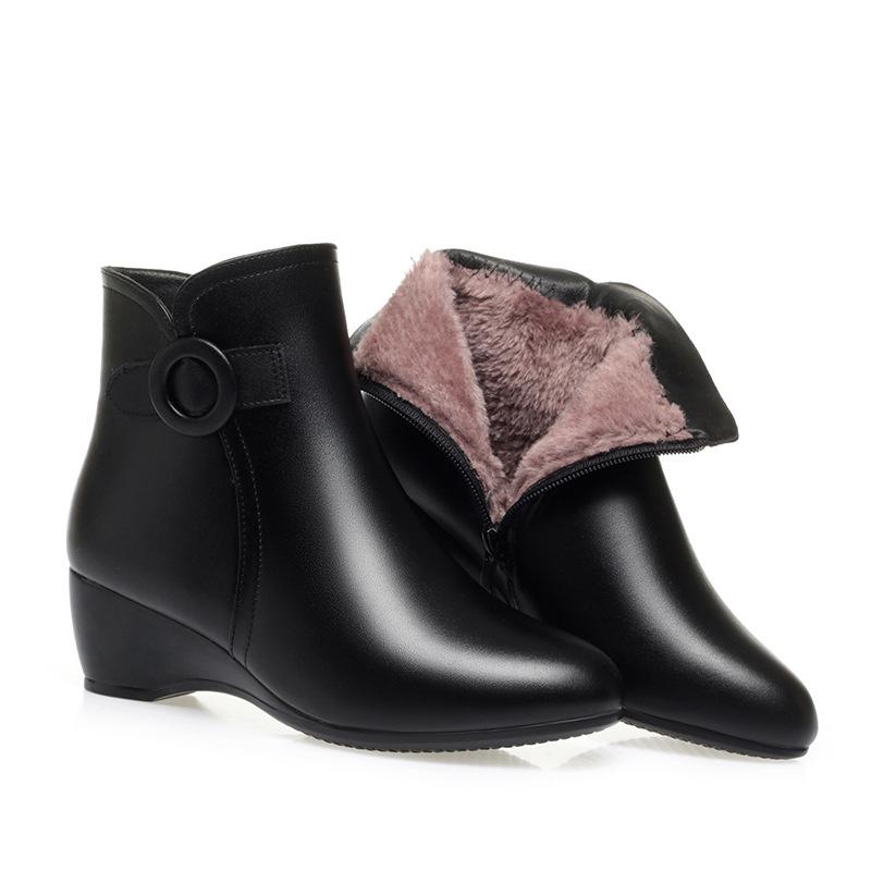 New Autumn Winter Warm Short Boots Women Black Solid Ankle Boots For Heel Zip Point Toe Fleece Wedge Mother Cotton Shoes