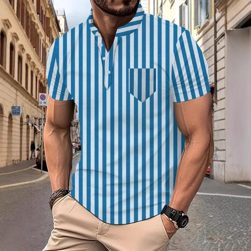 Men Red White Vertical Stripe Stand Collar Short Sleeve Henley Shirt Casual Pocket Top S синий