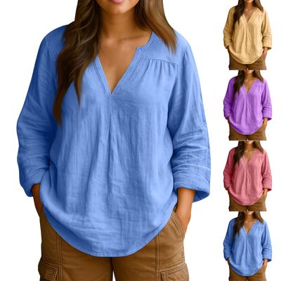 Women's Fashion Solid Color Casual Loose Long Sleeve Linen V-Neck Shirt Top