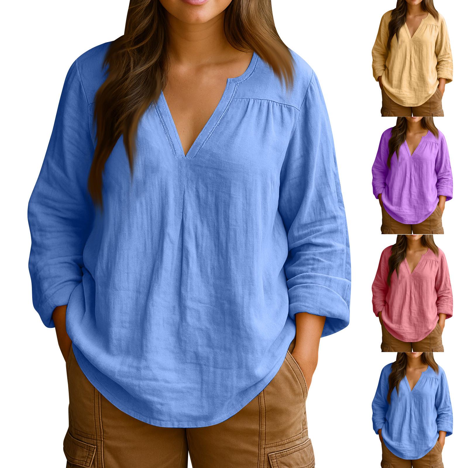 

Women s Fashion Solid Color Casual Loose Long Sleeve Linen V-Neck Shirt Top XL фіолетовий
