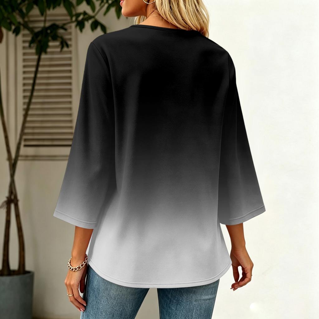 Women's V-Neck Loose Fit Three-Quarter Sleeve Gradient Print T-Shirt Top for Casual Everyday Wear