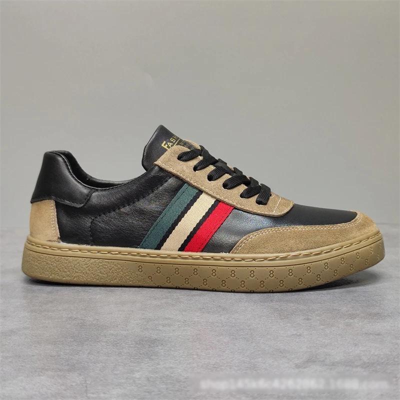 New Designer Men Genuine Leather Casual Shoes Fashion Striped Flat Skate Shoes Young Man Cool Sneaker
