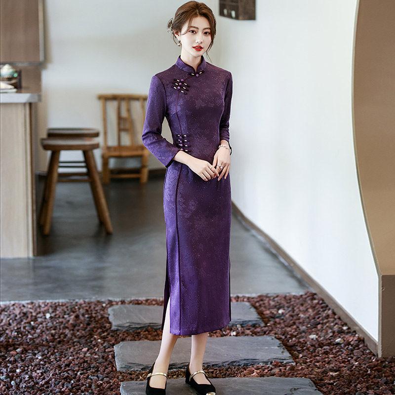 Purple Mother Outfit, National Style, New Chinese Suzhou Long-sleeved Cheongsam, Improved Young Women's High-end Autumn and Winter Clothing