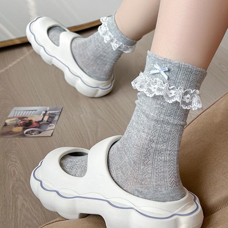 Princess Lace Socks - Boneless, Versatile Mid-calf Socks, Thin Style with Bow Ties, Mesh Openwork, Hollowed-out Design