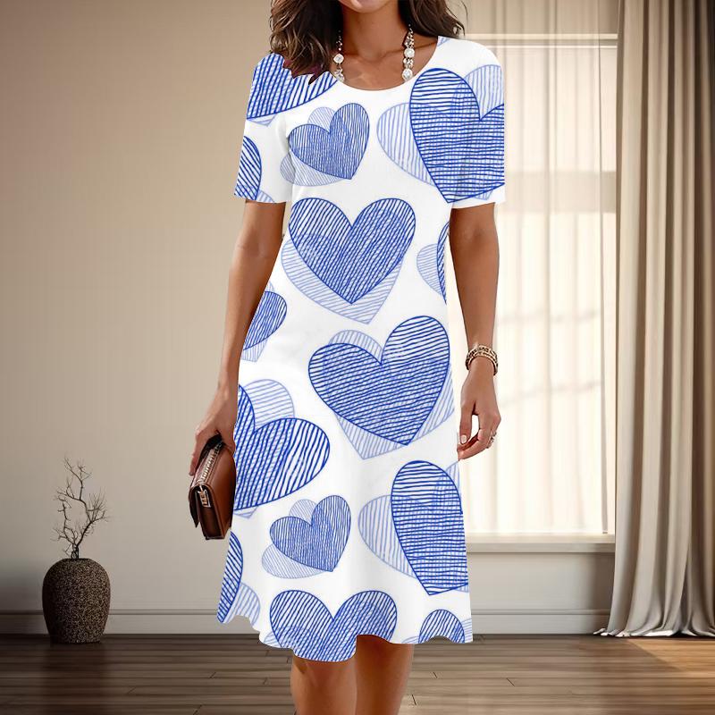 

Женская мода изящный любовный принт лето весна короткий рукав О-образный вырез повседневные платья S синий