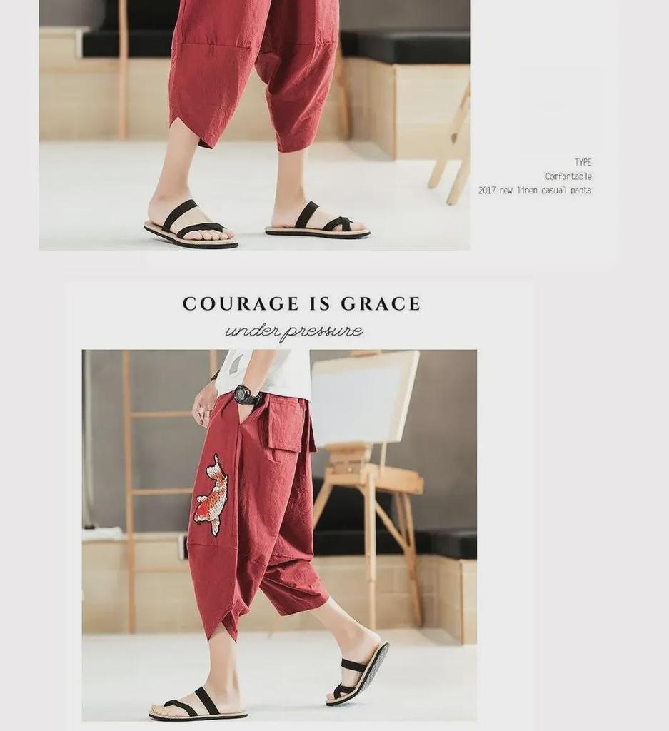 Herren Sommer Leinen Cropped Hose: Weitbeinige, lockere, trendige Harem-Strandshorts, lässiger chinesischer Stil.