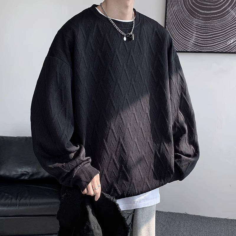 Crew Neck Jacquard Sweater Men's Long-sleeved T-shirt Spring and Autumn American Loose Casual Men's Clothing Without Hat and Bottoming Shirt