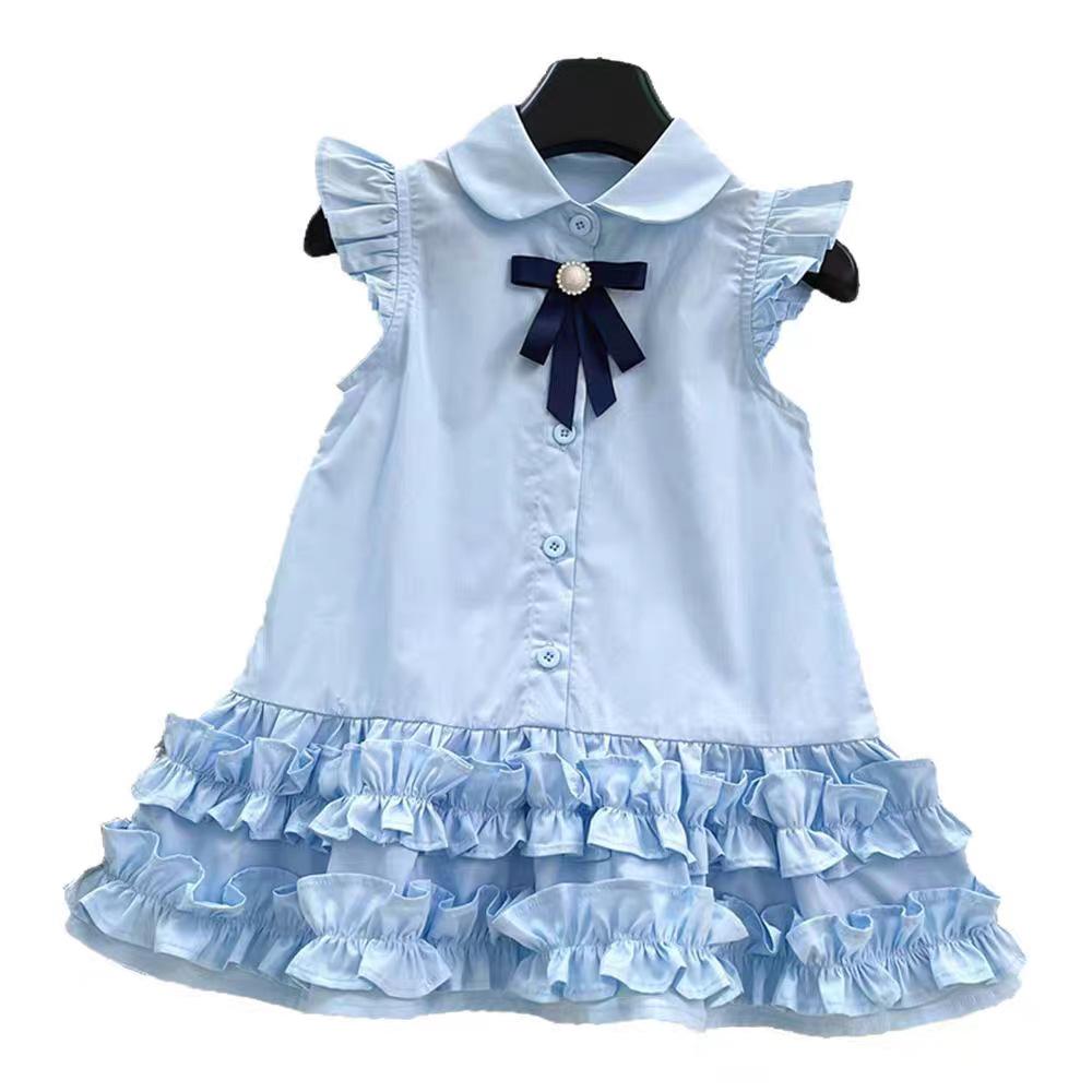 Girls Summer Flutter Sleeve Shirt Dress Fashion Bow Single Breasted Lace Trim Princess Sleeveless Dress