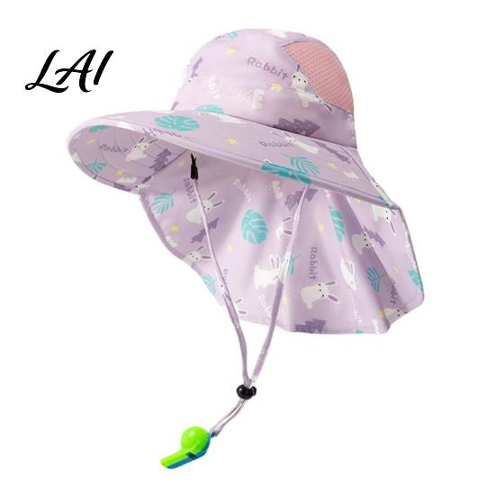 Portable Foldable Beach Hat for Babies Cartoon Kids Sun with Neck Flap Print Breathable Wide Brim Cap Running Boys Girls UV Protection Outdoor