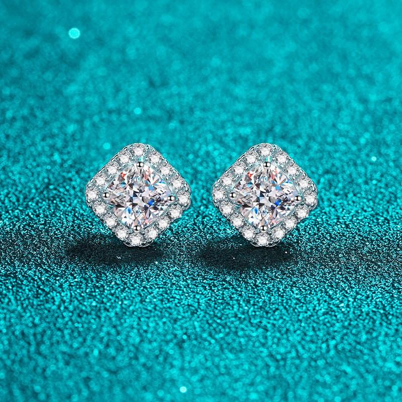 Geometric Square Moissanite Stud Earrings Women Sterling Hypoallergenic Fashion Jewelry