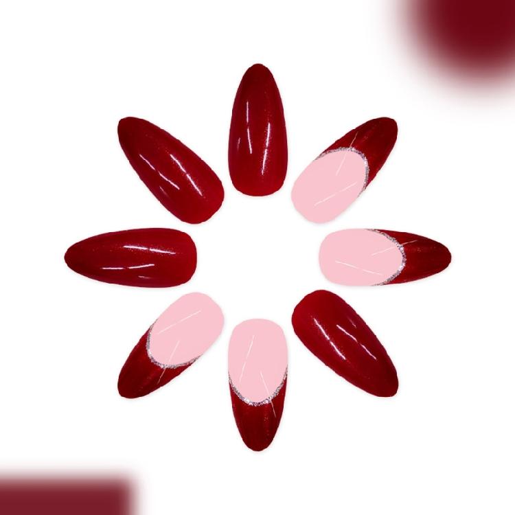 Burgundys Shimmers Press On Nail French Tip Floral Design Quickly Application Plastic Fake Nail For Weddings Parties Daily Use