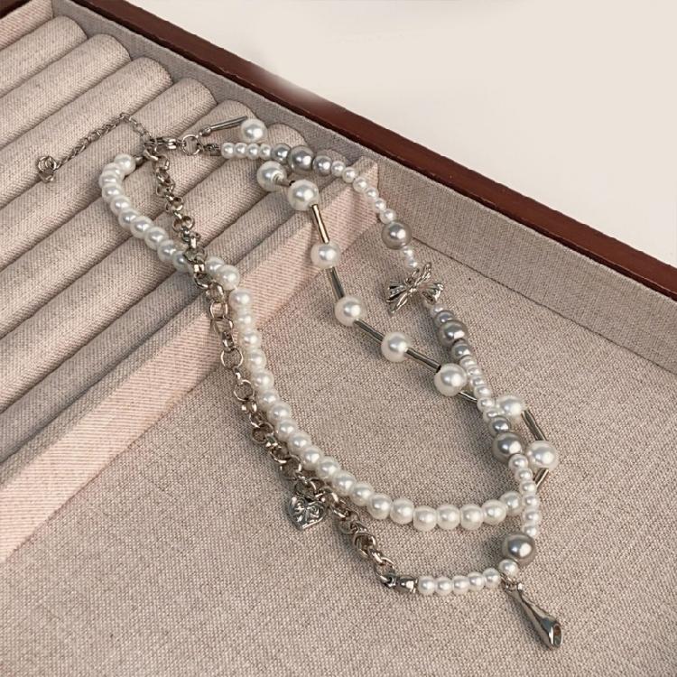 Adjustable Length Bowknot and Pearls Necklace Glass Beads Double Layer Choker Handmade Business Meeting Jewelry