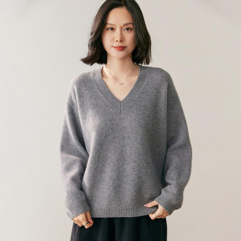 Lekasha Women's Cashmere V-Neck Loose-Fit Sweater