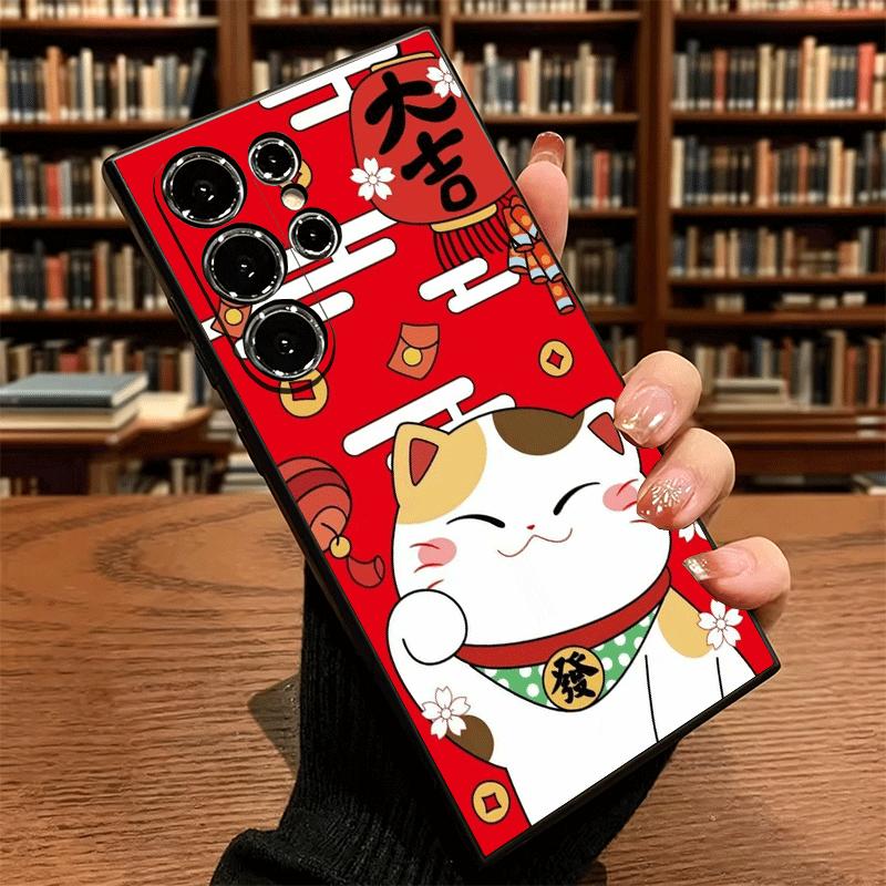 Soft Phone Case For Samsung Galaxy S24 S25 S26 Ultra Lucky Cat Maneki Neko Japanese S23 S22 Plus S21 FE S20 Edge Black Cover S