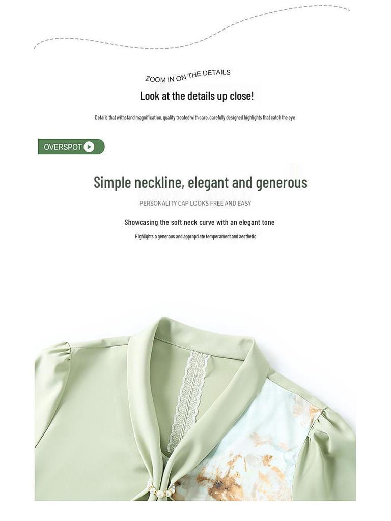 Fashionable Spring V-Neck Tie Shirt for Middle-Aged Women, Long-Sleeve Printed Top