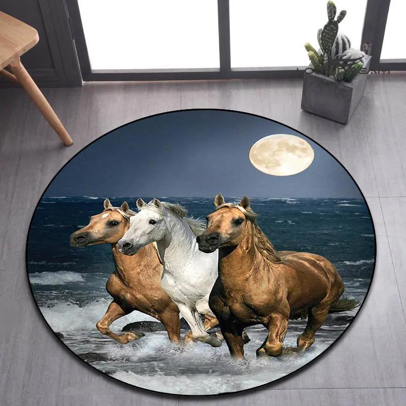 3D Running Horses Round Carpet Non-slip Mat Luxury Wild Horse Area Rug for Game Room Bedroom Decoration