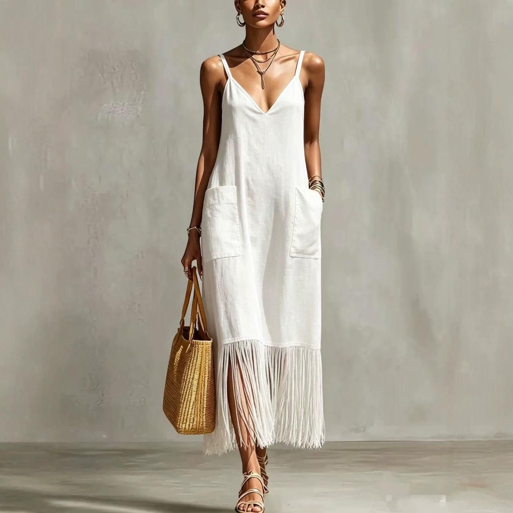 Summer European and American new 2026 bohemian style fringed hem dress popular spring and summer S