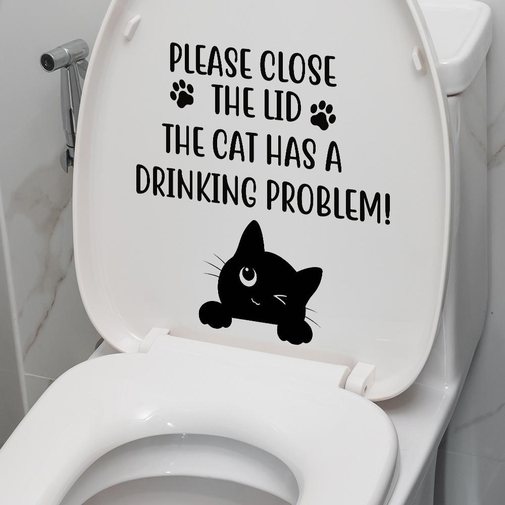 Schwarze Englische Zitate Katze Wandaufkleber Wasserdicht Abnehmbar Selbstklebend Toilettenaufkleber für Badezimmer Heimdekoration